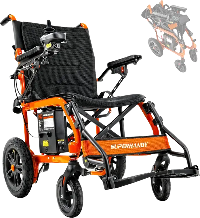 Brand new Super Handy GUT155 Foldable Electric Wheelchair with a 24V 6Ah battery, 250W motor, 3.7 MPH top speed, and a 6-mile range Mobility Plex